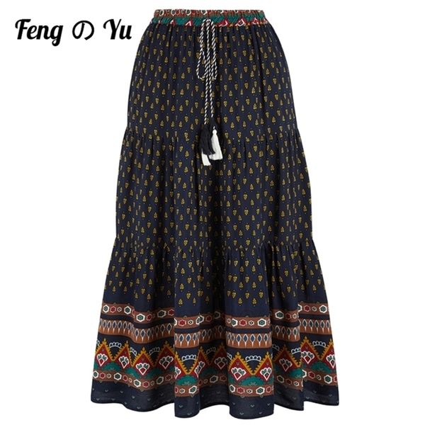 

fashion bohemian long skirt women's elegant holiday summer casual high elastic waist floral print sea blue retro 220401, Black