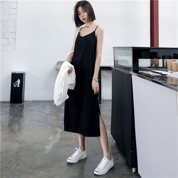 

women maxi dress black sling female summer sleeveless v-neck vest long es 220418, Black;gray