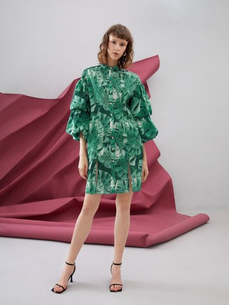 

x mcnx tropical print split detail gathered sleeve shirt dress j09p#, Black;gray