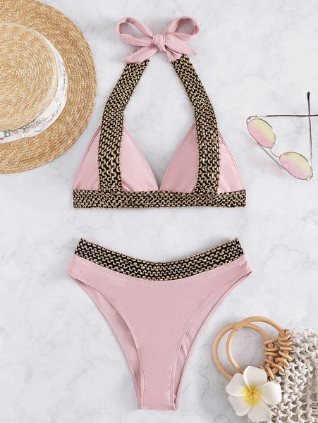 

stitch detail halter bikini swimsuit f9ko#, White;black