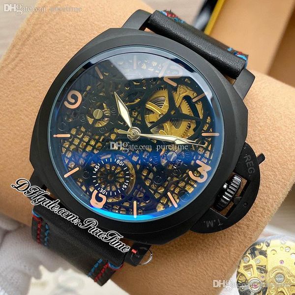 

v7f 45mm a23j automatic mens watch pvd steel case all black skeleton dial gold stick number markers black leather strap color line 2 styles, Slivery;brown