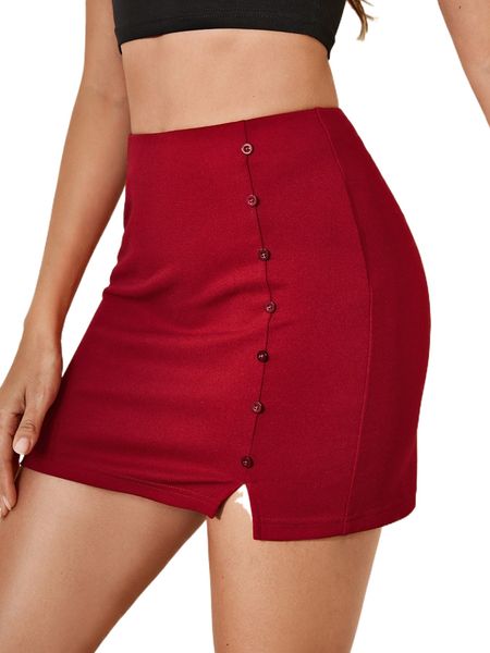 

button front slit hem bodycon skirt i9gz#, Black