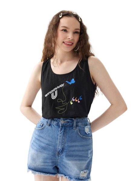 

x empower you letter & butterfly print tank 69np#, White