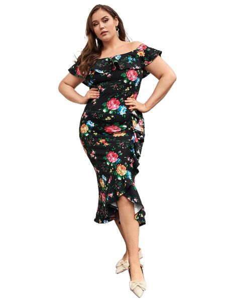 

plus floral print off shoulder ruffle trim mermaid hem bodycon dress 56gr#, Black