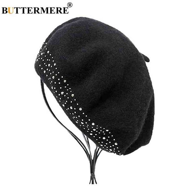 Buttermere Wool Beret Cap Женщины черные заклепки художественные шляпы дамы