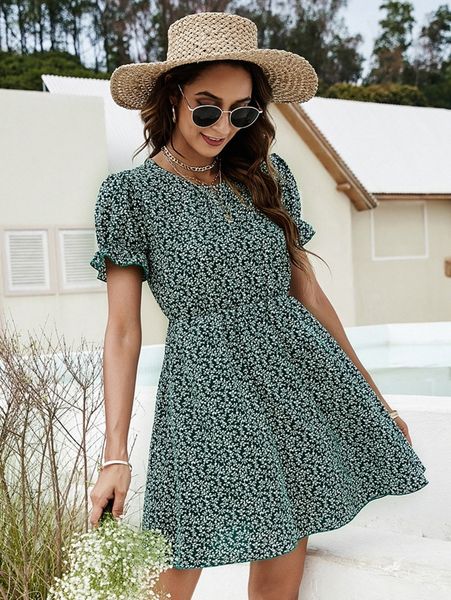 

all over plants print flounce sleeve a-line dress u7va#, Black;gray