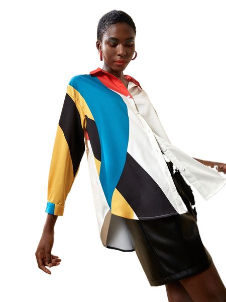 

x lilee colorblock curved hem oversized blouse l4y4#, White