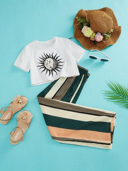 

girls' sun moon t-shirt and striped contrast pants she, White