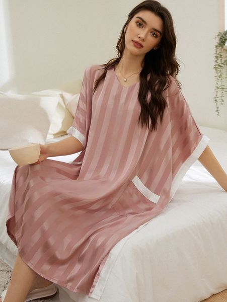 

striped jacquard pocket front slit hem night dress q5ba#, Black;red