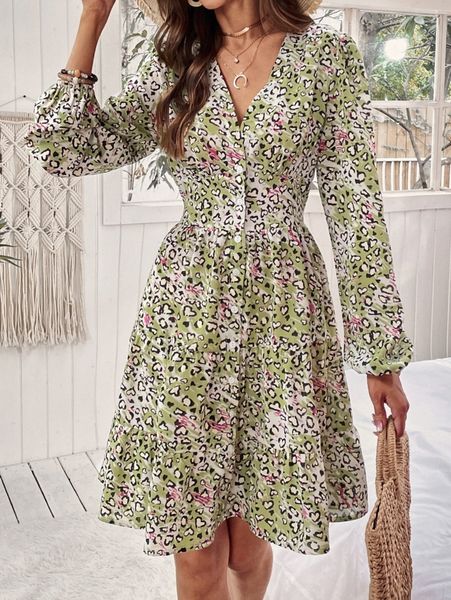 

all over print lantern sleeve ruffle hem dress l1nd#, Black;gray