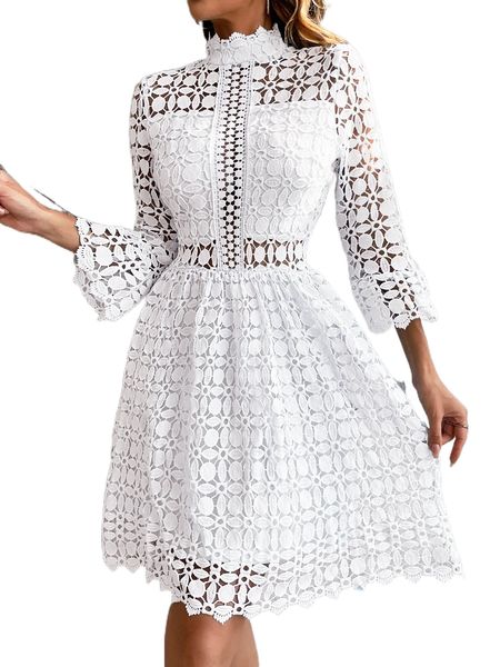 

eilly bazar mesh insert mock neck flounce sleeve lace dress x6bq#, Black;gray