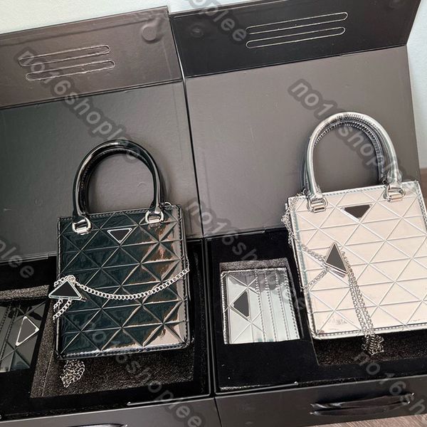 

2022 small metallic leather tote bag designer woman handbag luxury fashion chain shoulder bag card holder set purse triangle