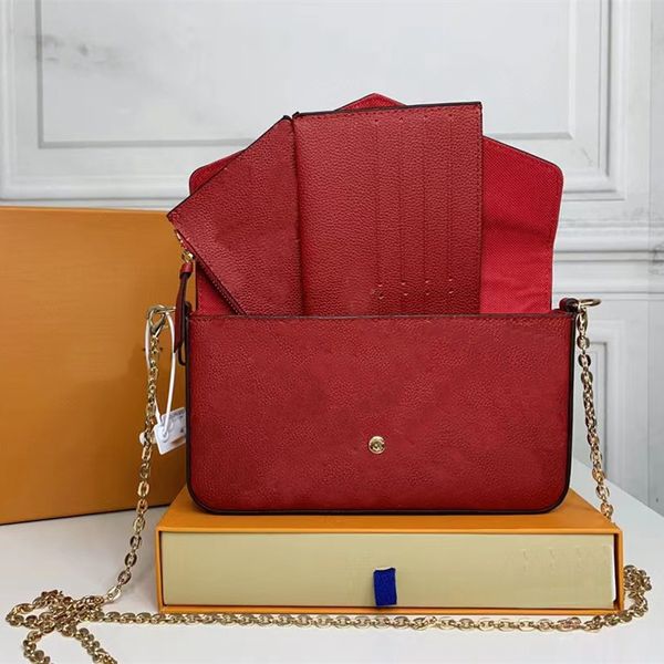 

luxury designer bag purse women handbag shoulder 3pcs/set embossed flower leather clutch crossbody bags chain coin pouch, Red;black