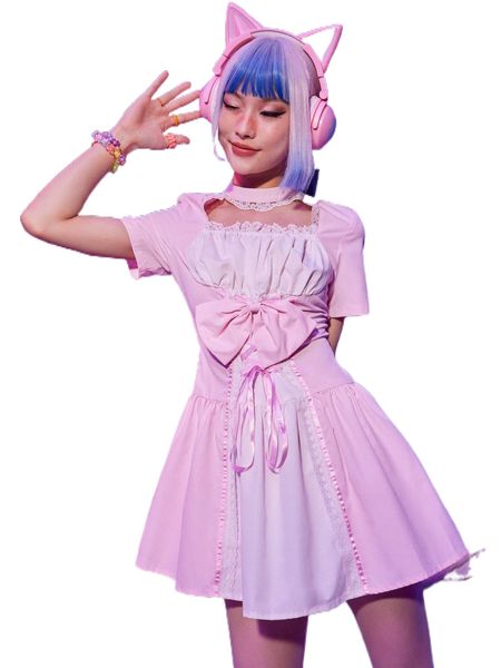 

romwe anime color-block lace up bow ruched bust dress h33k#, Black;gray