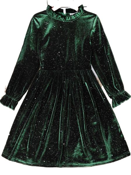 

girls ruffle neck flounce sleeve velvet dress q9gr#, Black;white