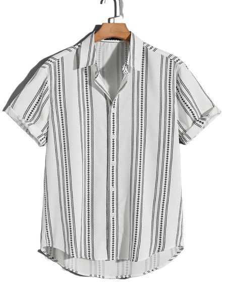 

men dot & geo print button front high low hem shirt b2jk#, White;black