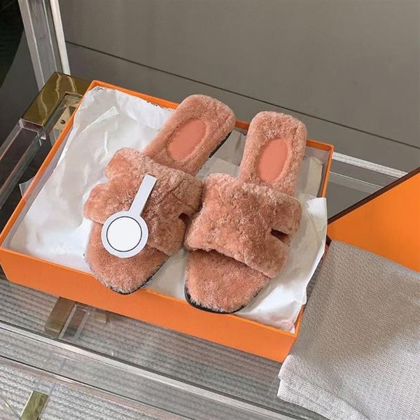 

designer women fur oran sandals woolskin slides slippers sandal flat flip flops black winter plush shoes with box no328277d