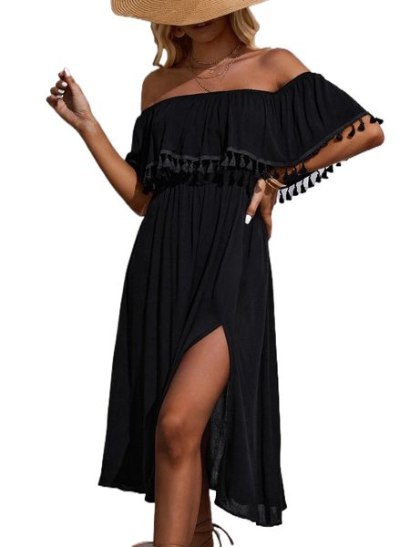 

off shoulder tassel ruffle trim split thigh dress u839#, Black;gray