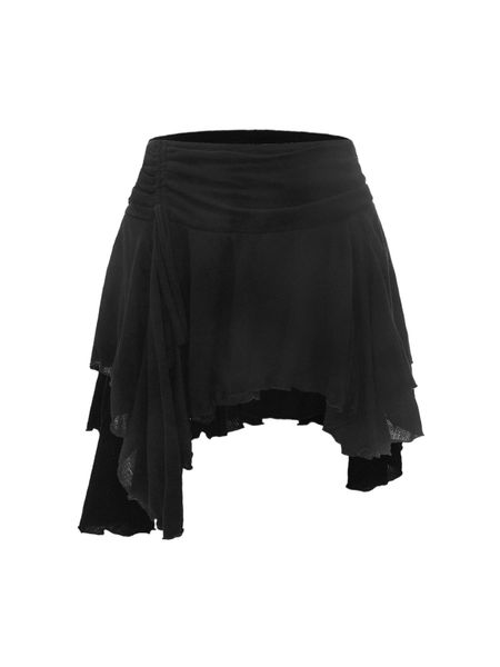 

drawstring asymmetrical hem skirt u5st#, Black