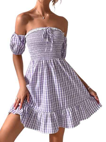 

gingham off shoulder shirred ruffle hem knot front dress m6ft#, Black;gray