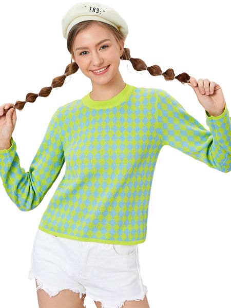 

argyle pattern crew neck sweater a8x5#, White;black