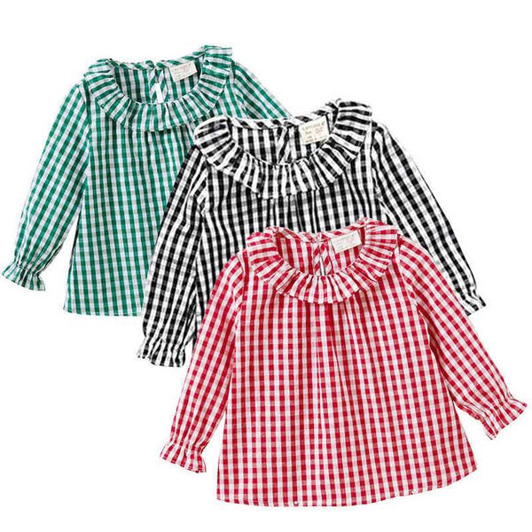 Летне-весенняя блузка для маленьких девочек, рубашки, хлопковый топ, клетчатая рубашка с воротником Питера Пэна, рубашка для маленьких девочек, одежда, одежда для младенцев 1-5 лет
