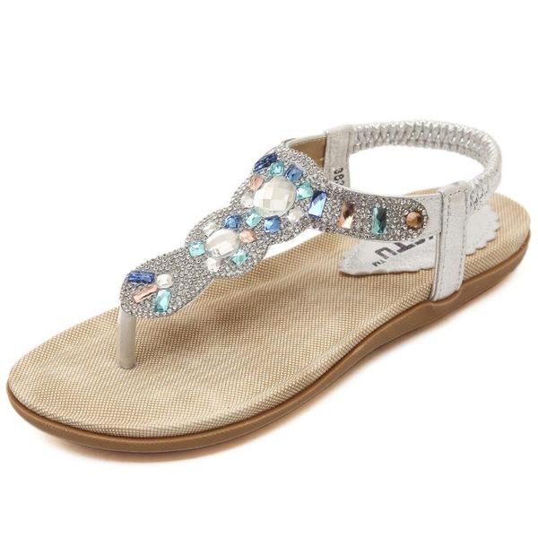 Sandálias colorida strass tanga plus size women women elástico banda de verão sapatos de verão back strap sheassandals de praia