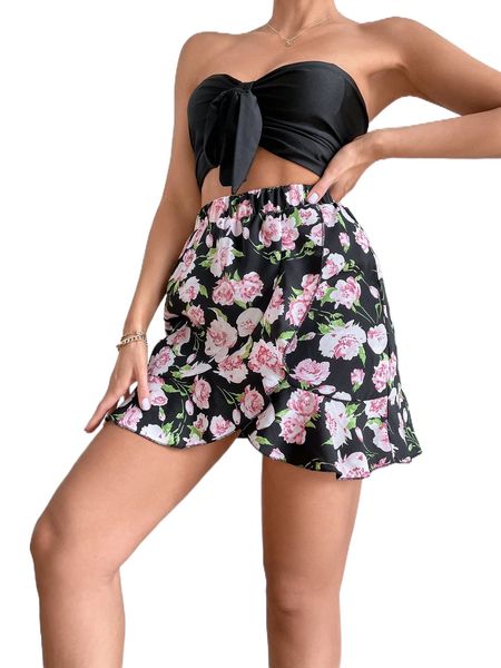 

floral print ruffle hem wrap skirt w3ju#, Black