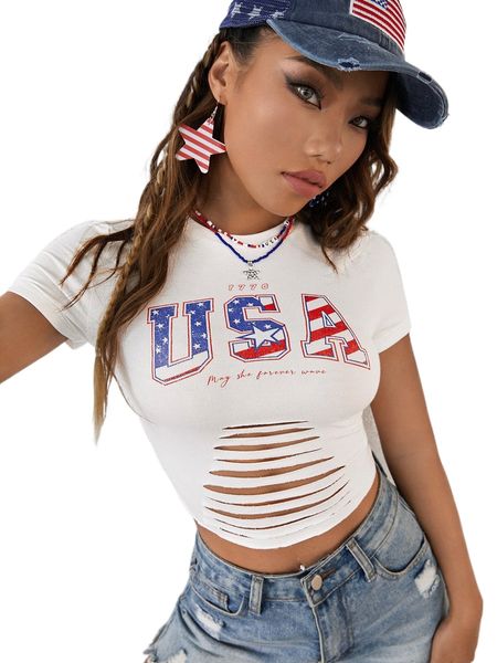 

americana letter graphic laddering cut out front tee u3fz#, White