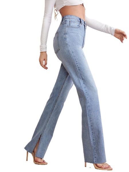 

high waist slit hem straight leg jeans f6qq#, Blue