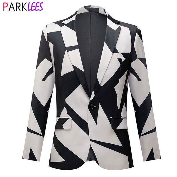 

black white geometric print suit blazers men brand one button notched lapel suit jacket blazer men wedding party tuxedo 3xl 220809, White;black
