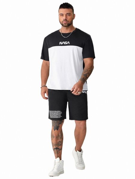 

extended sizes men color block letter graphic tee & shorts y0gy#, Gray