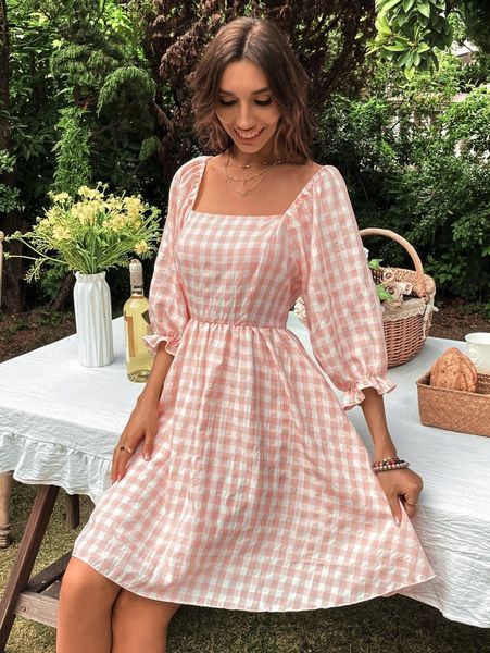 

gingham print square neck flounce sleeve dress s1pk#, Black;gray