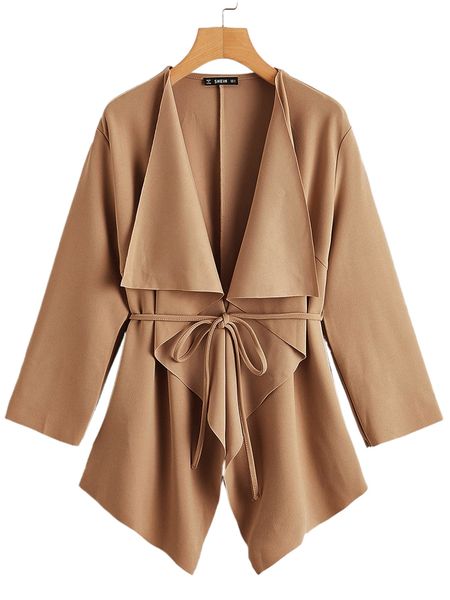 

waterfall collar asymmetrical hem coat with belt h5zh#, Black