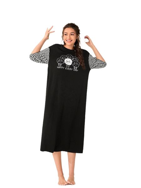 

cartoon & slogan graphic lantern sleeve nightdress 94tq#, Black;red