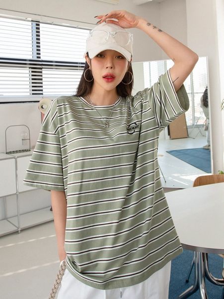 

dazy striped print letter embroidered drop shoulder tee 18gv#, White