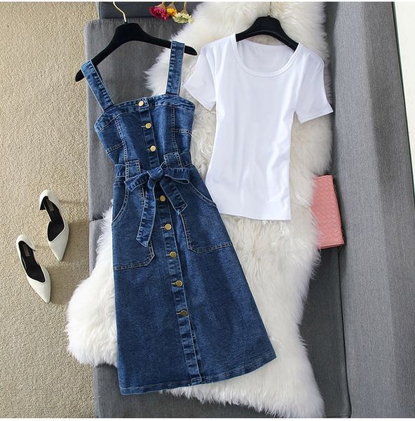 

spring summer women two piece dress set fashion short sleeve white t-shirt + strap single breasted denim dress 2 pieces mjuer 2022