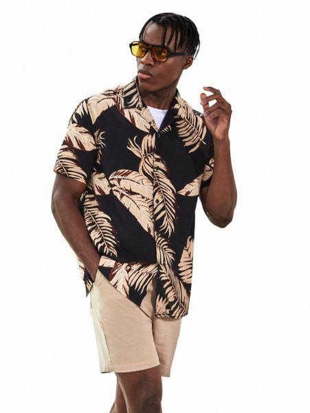 

men tropical print shirt & drawstring waist shorts u8rd#, Gray