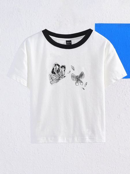 

x esther tang art butterfly print contrast trim tee y6fo#, White