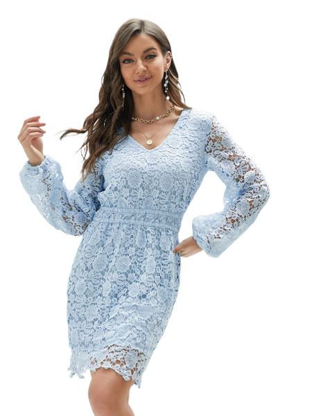 

lantern sleeve guipure lace dress u0bh#, Black;gray