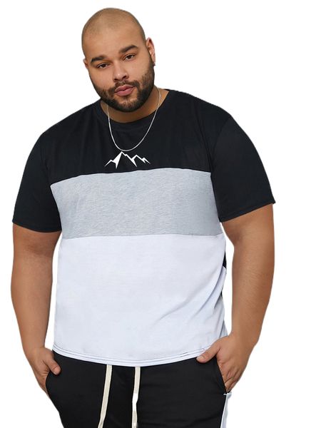 

extended sizes men colorblock mountain print tee m7z3#, White;black