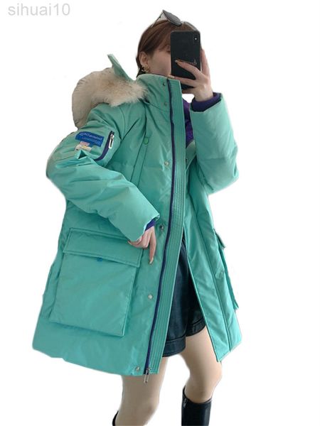 Piumino d'anatra bianca Giacca in cotone da donna 2022 Nuovo collo di pelliccia grande ispessito di media lunghezza Giacca con cappuccio invernale Tooling Parka L220730