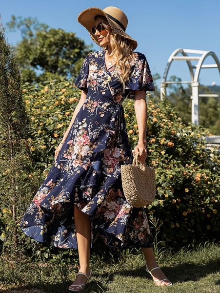 

floral print high low ruffle hem belted dress m2rh#, Black;gray