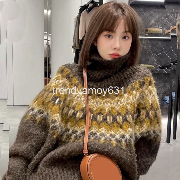 

women's sweaters autumn / winter 21 high neck mohair knitted striped maple leaf color matching loose long sleeve coffee female, White;black