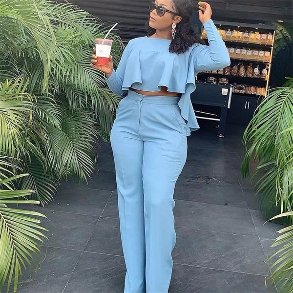 

elegant work wear two piece set fall clothes for women ruffles crop and wide leg pants suits matching sets club outfits 220716, White