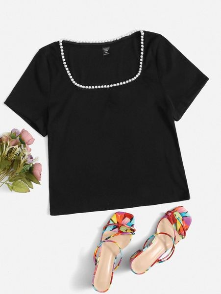 

plus pearls beaded tee y48z#, Black
