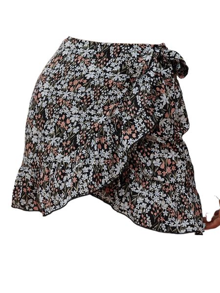 

ditsy floral print knot side ruffle trim wrap skirt 74c4#, Black