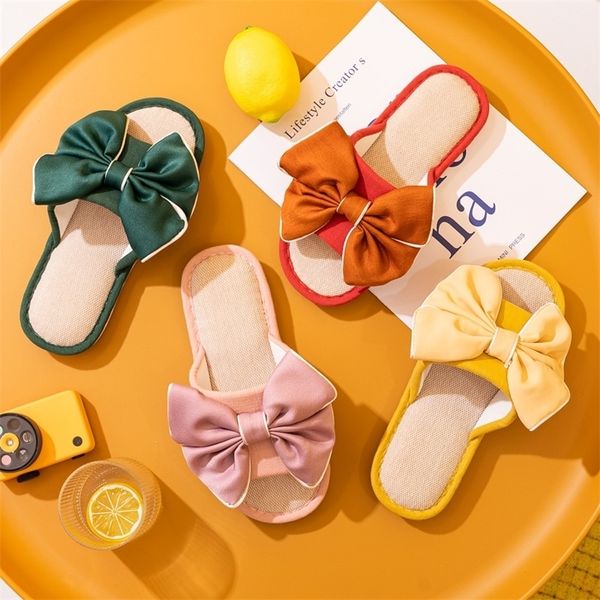 

big silk bow elegant house women hemp slippers bedroom mute nonslip cotton shoes spring summer home flax ladies slides 220616, Black