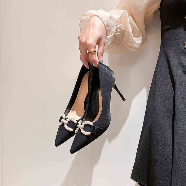 

women's high heels small women's 2022 pointed silk satin black high heel's thin heel shallow mouth single shoes women