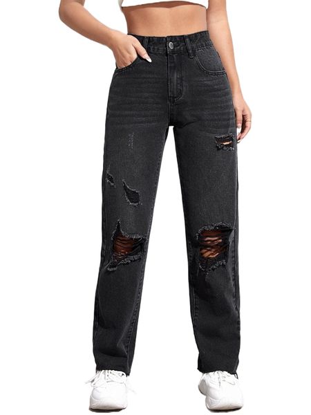 

high waist ripped straight leg jeans j3gl#, Blue